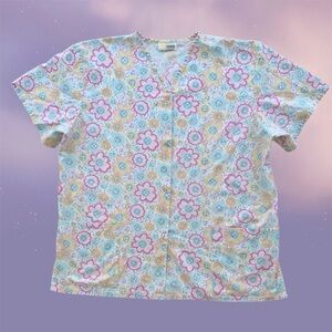 Pastel Floral Print Button Front Scrubs Top Medical Uniform ~ Unisex XL